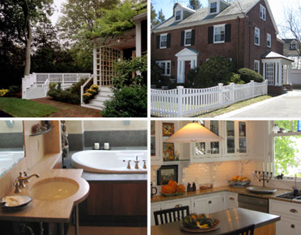 A collage of pictures with various homes and a sink.