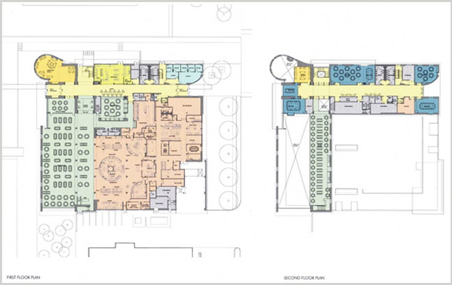 A floor plan of two different buildings with various colors.