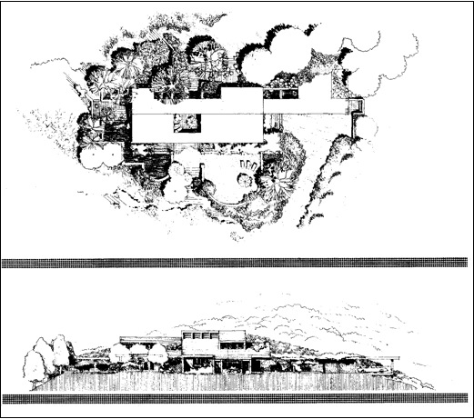 A black and white drawing of two different houses
